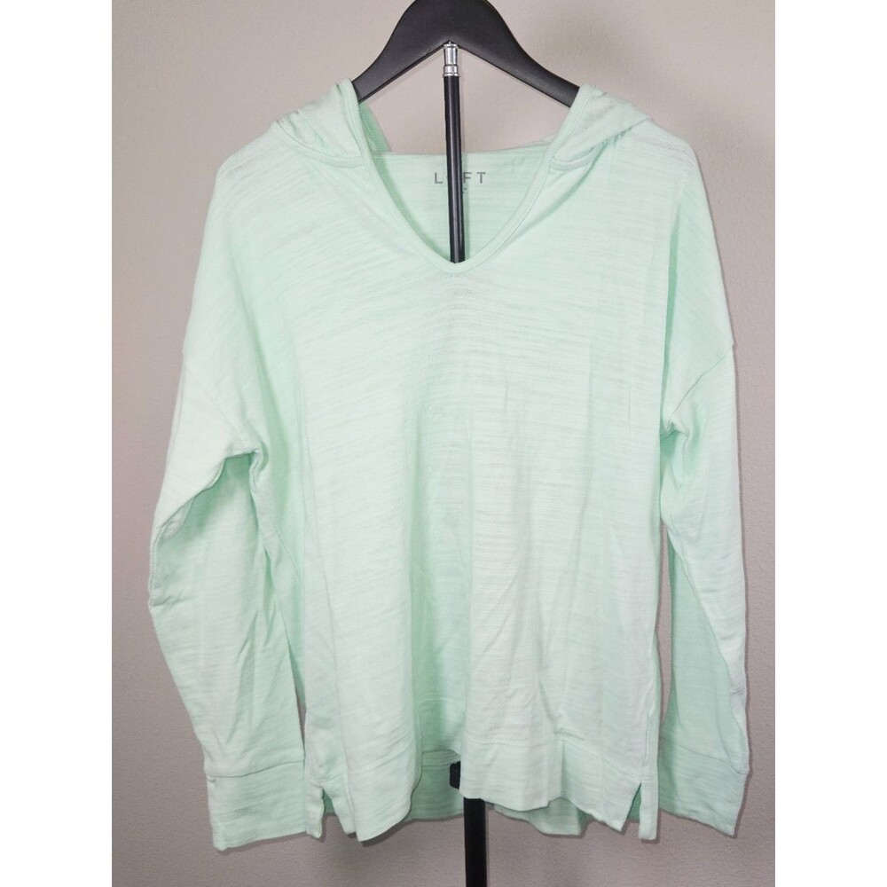 LOFT Womens Hooded Top Medium Mint Green Slub Knit Lightweight Hoodie Shirt